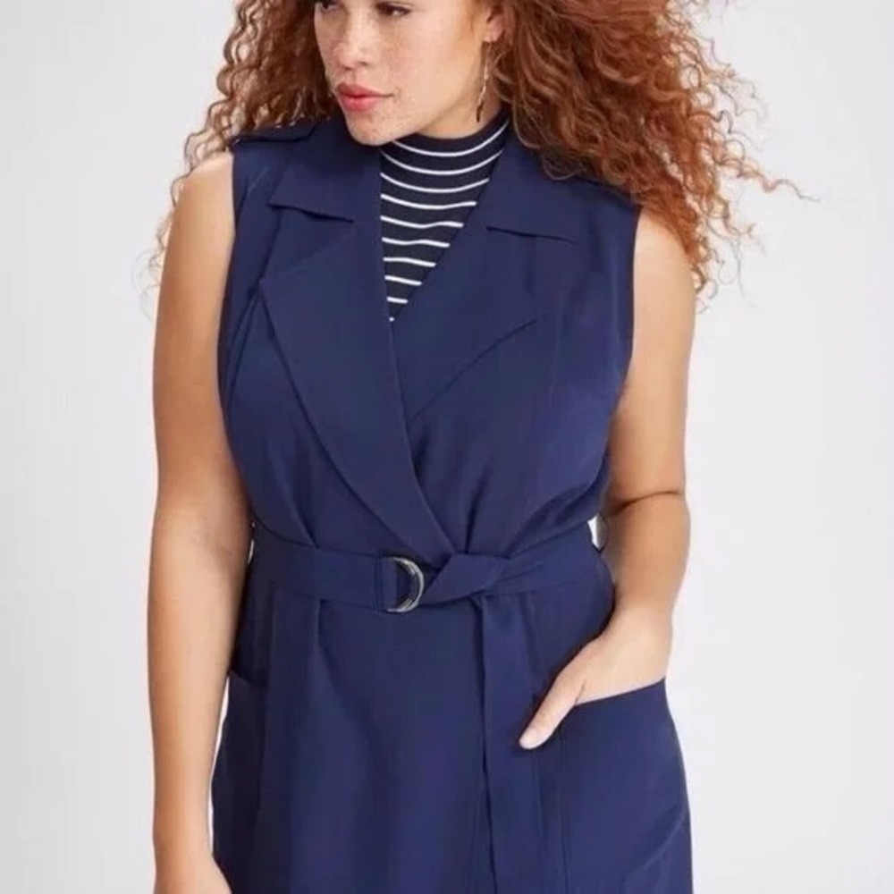 NWT Lane Bryant Sleeveless Trench Coat Navy Blue Long Tie Vest Plus Size 26/28 - Picture 6 of 8